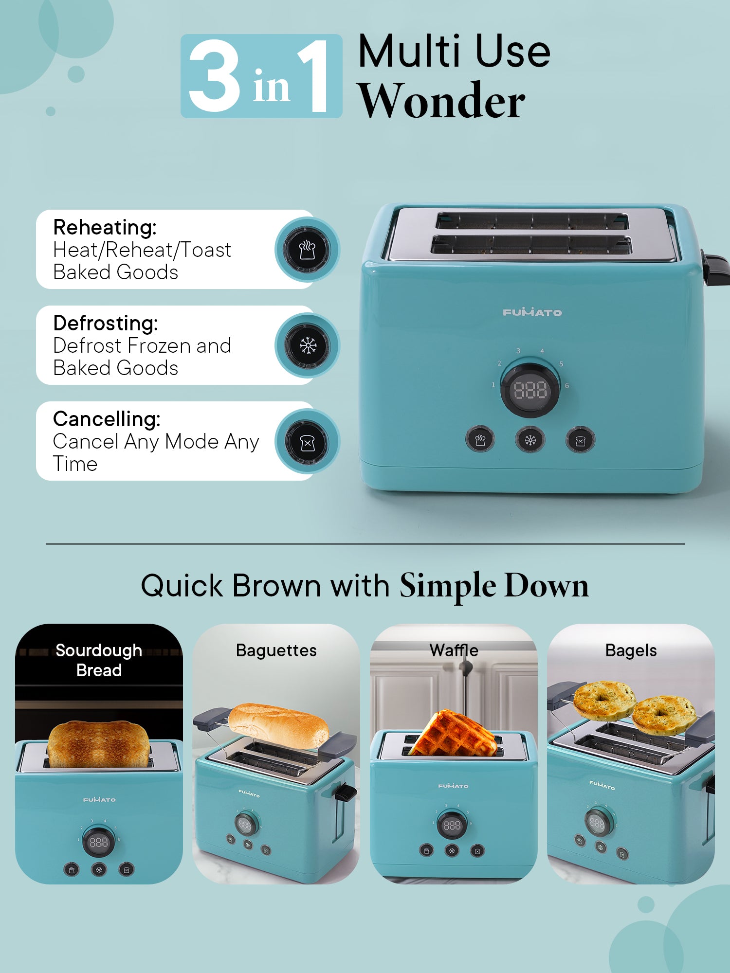 FUMATO 2 Slice Toaster - Bun rack functionality for quick meals