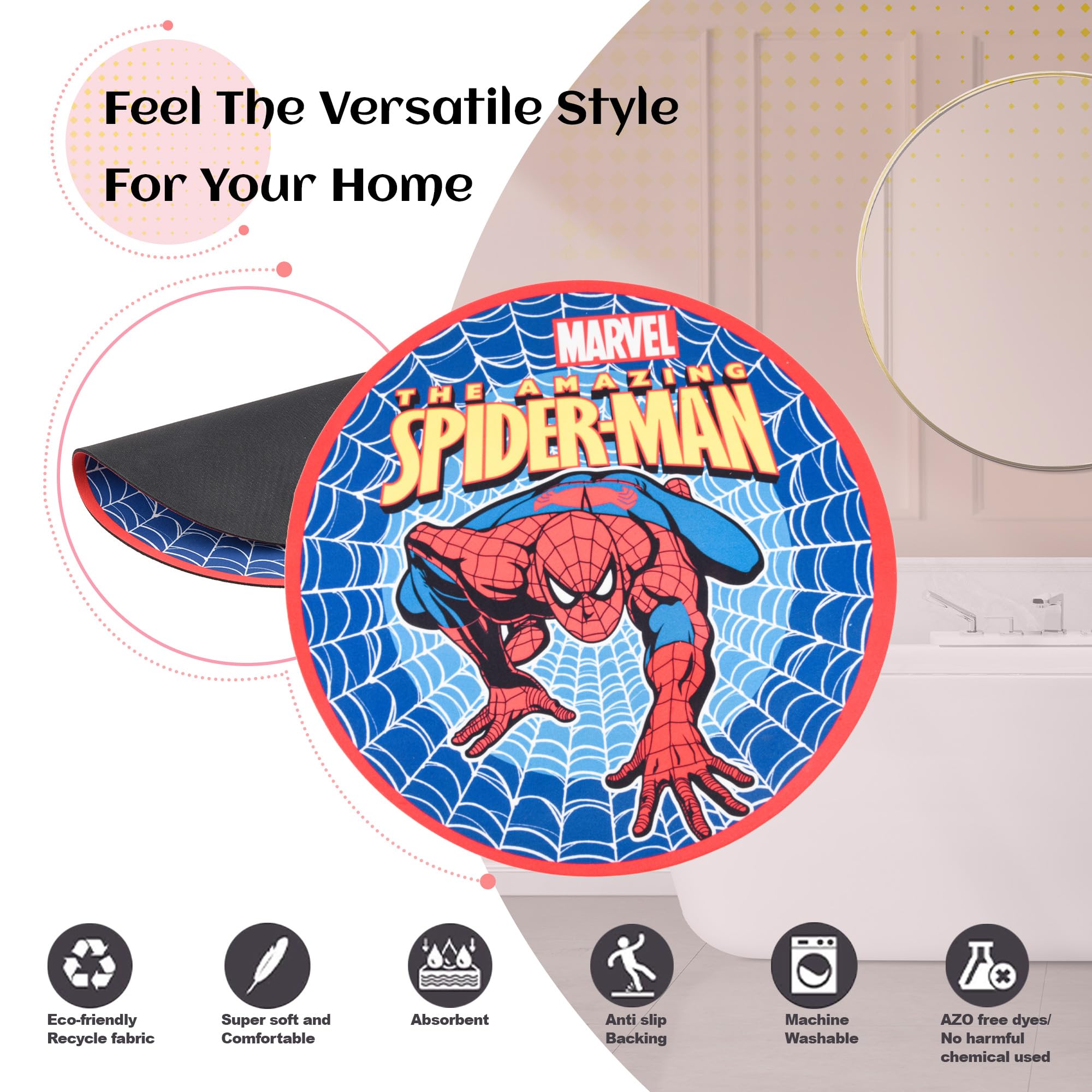 Kuber Round Spiderman Bath Mat - laundry room