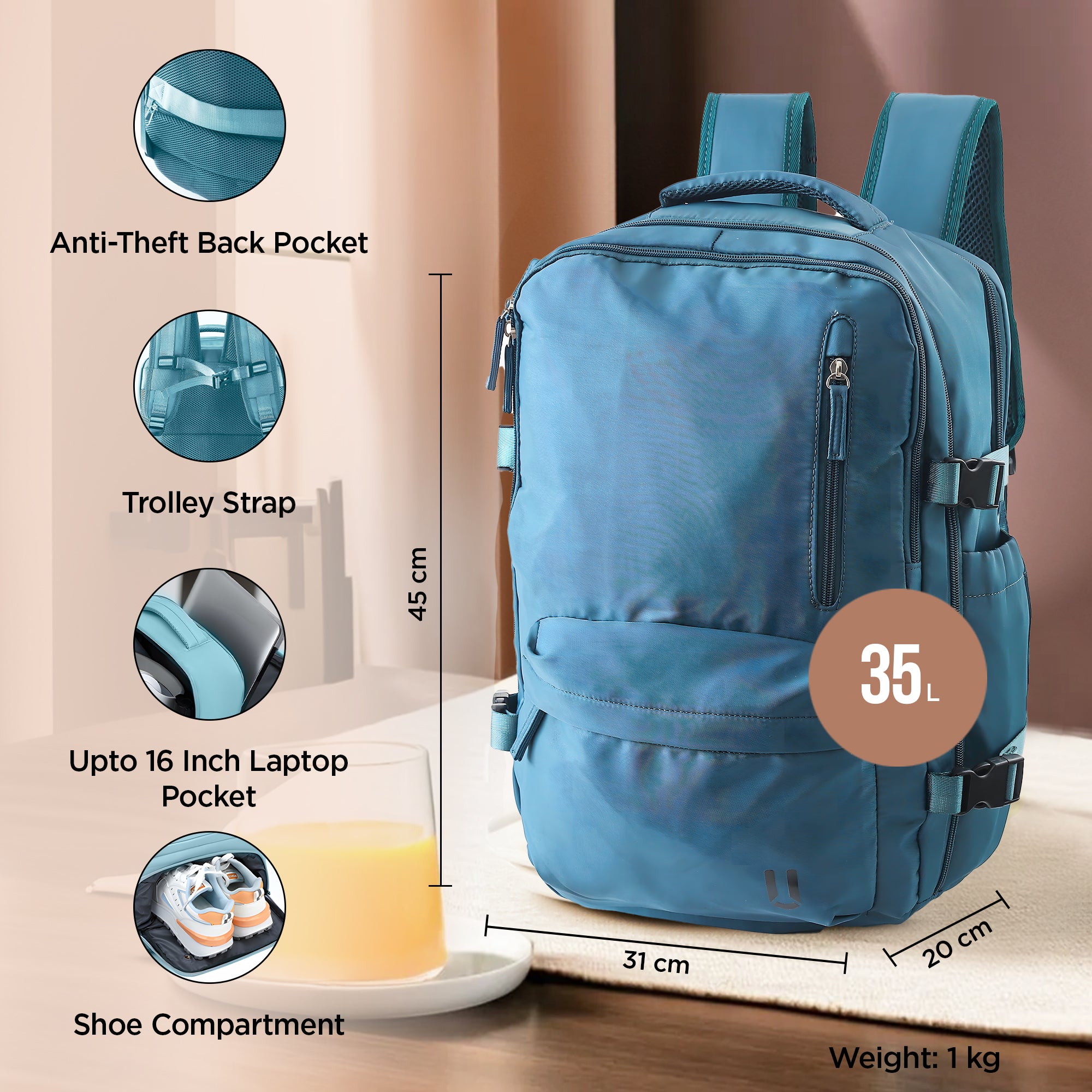 blue anti-theft backpack with usb charger and laptop space UMAI Anti-theft Laptop Bag 35L