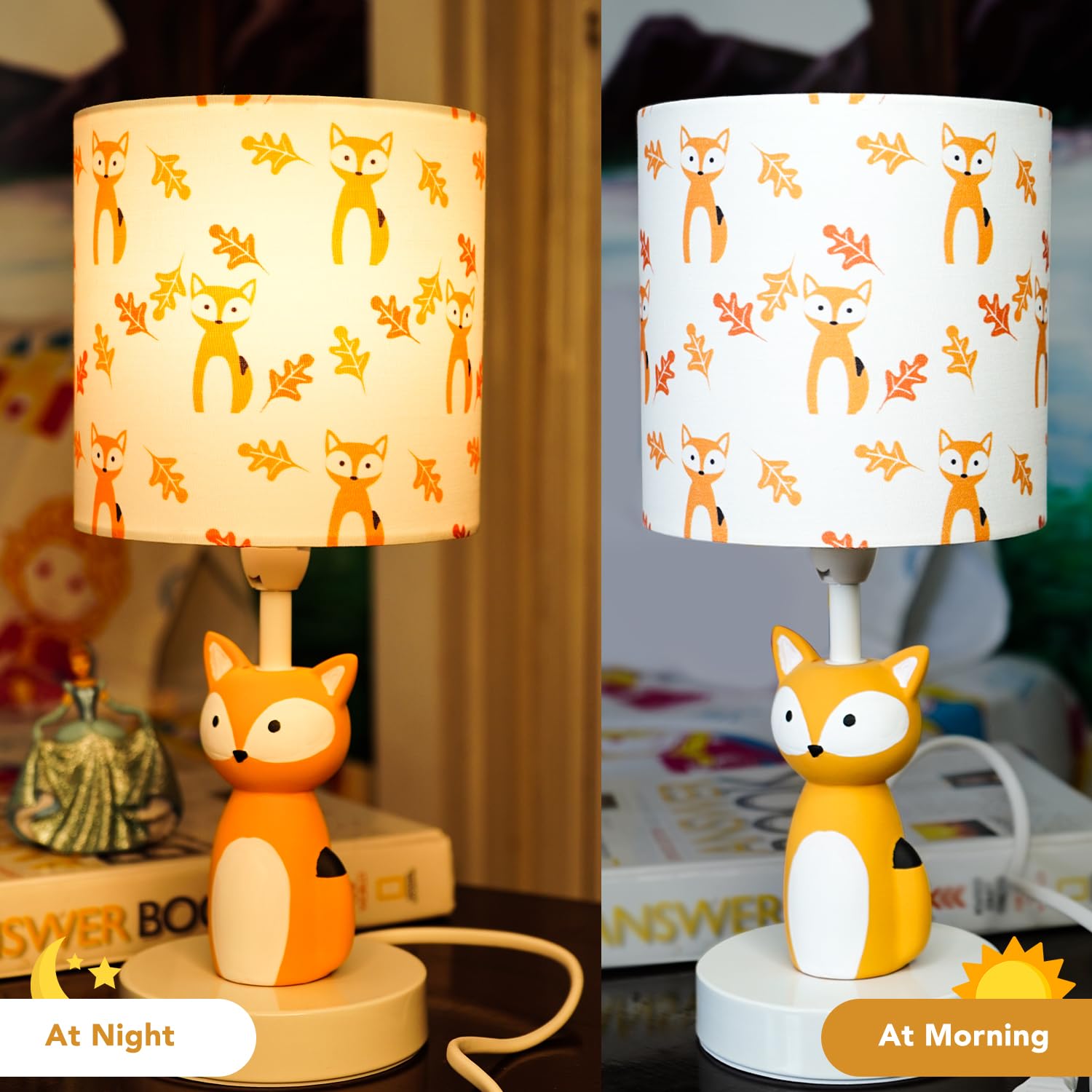 Fox Lamp: Kids Bedroom Table Lamp with Floral Design Orange