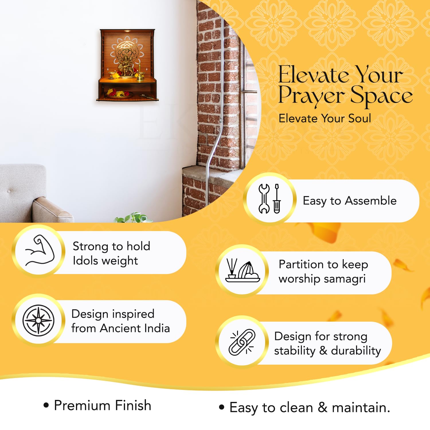 Ekhasa wall-mounted wooden temple - easy setup for puja