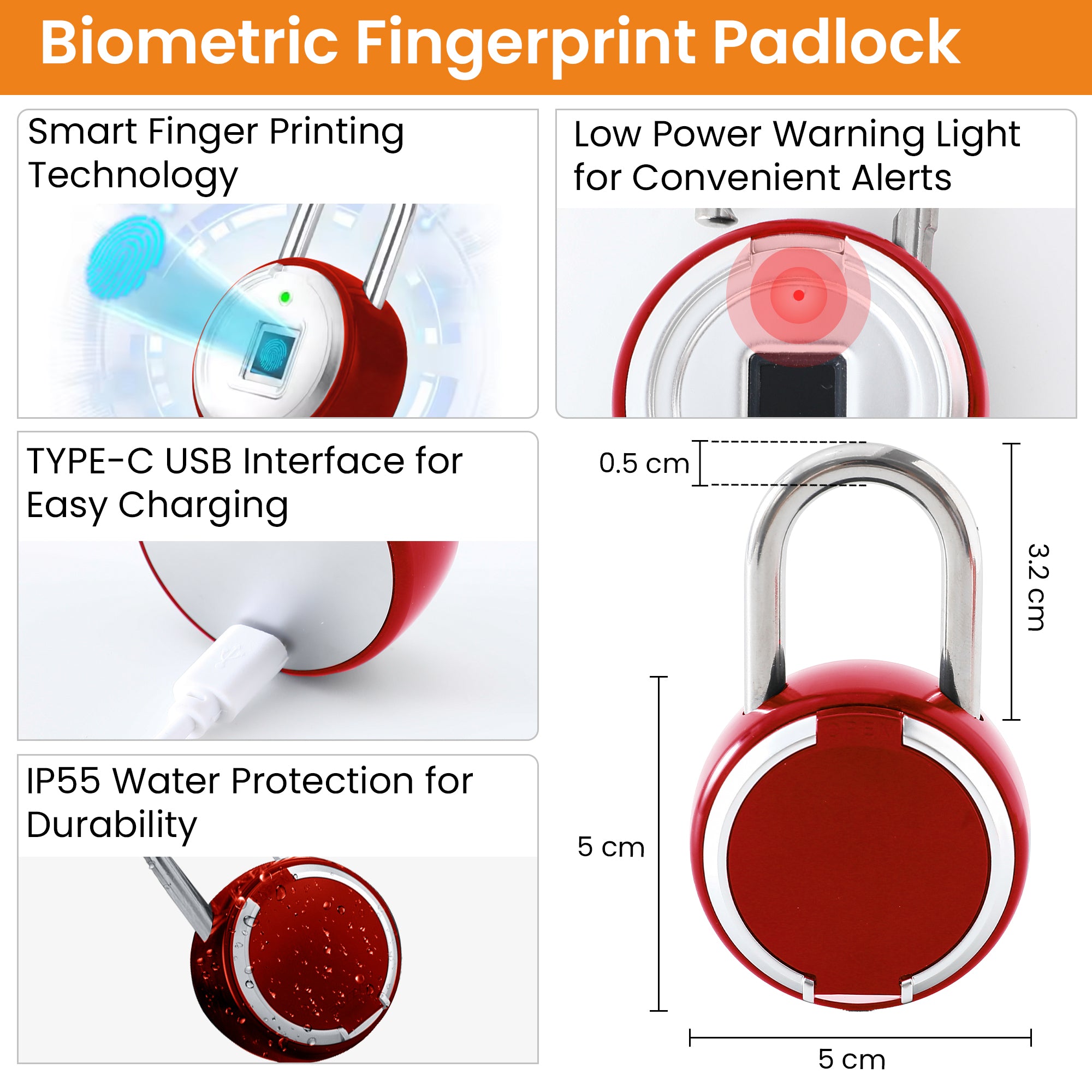 Cheston padlock - Rechargeable fingerprint lock