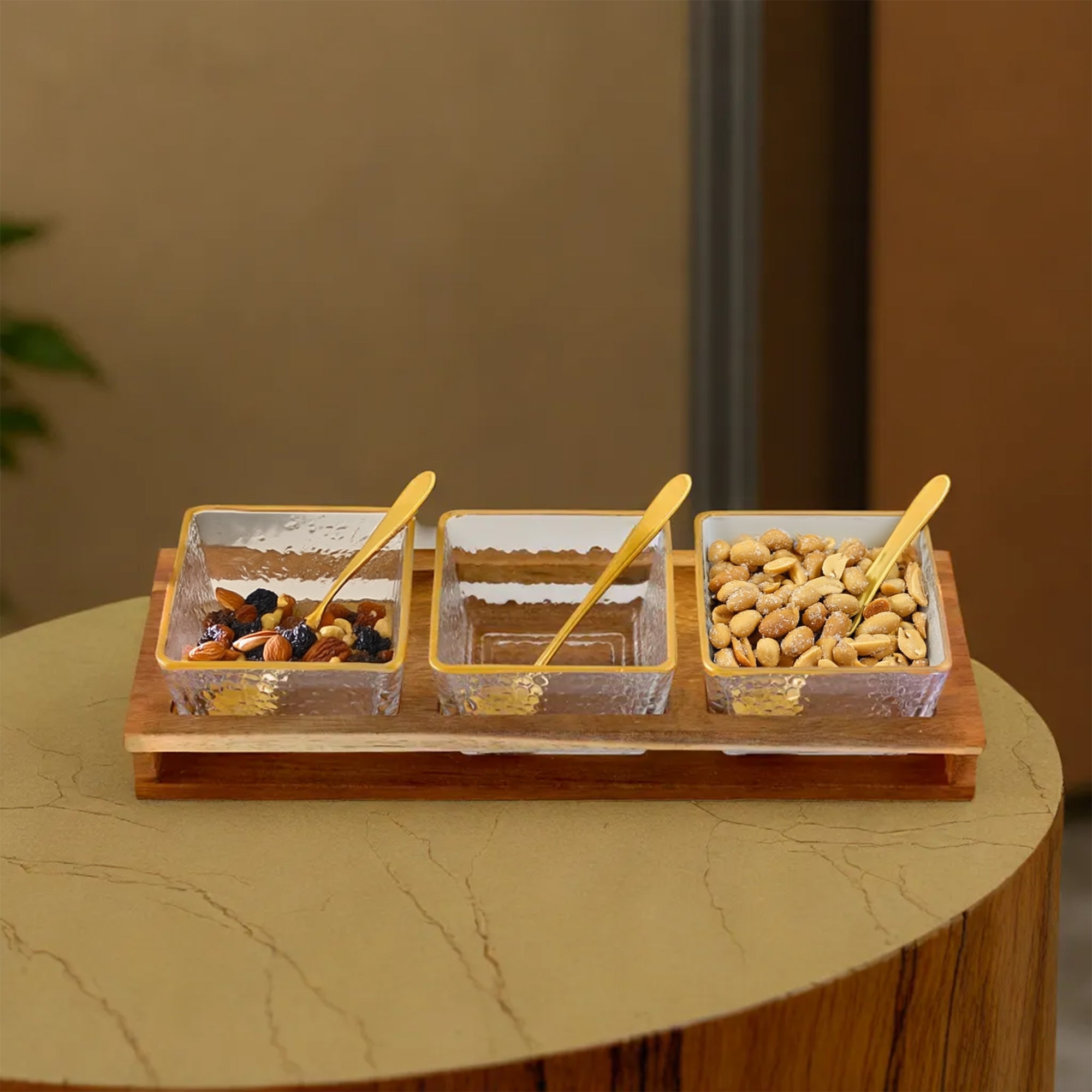 The Better Home acacia wooden tray with glass bowls - chic table decor