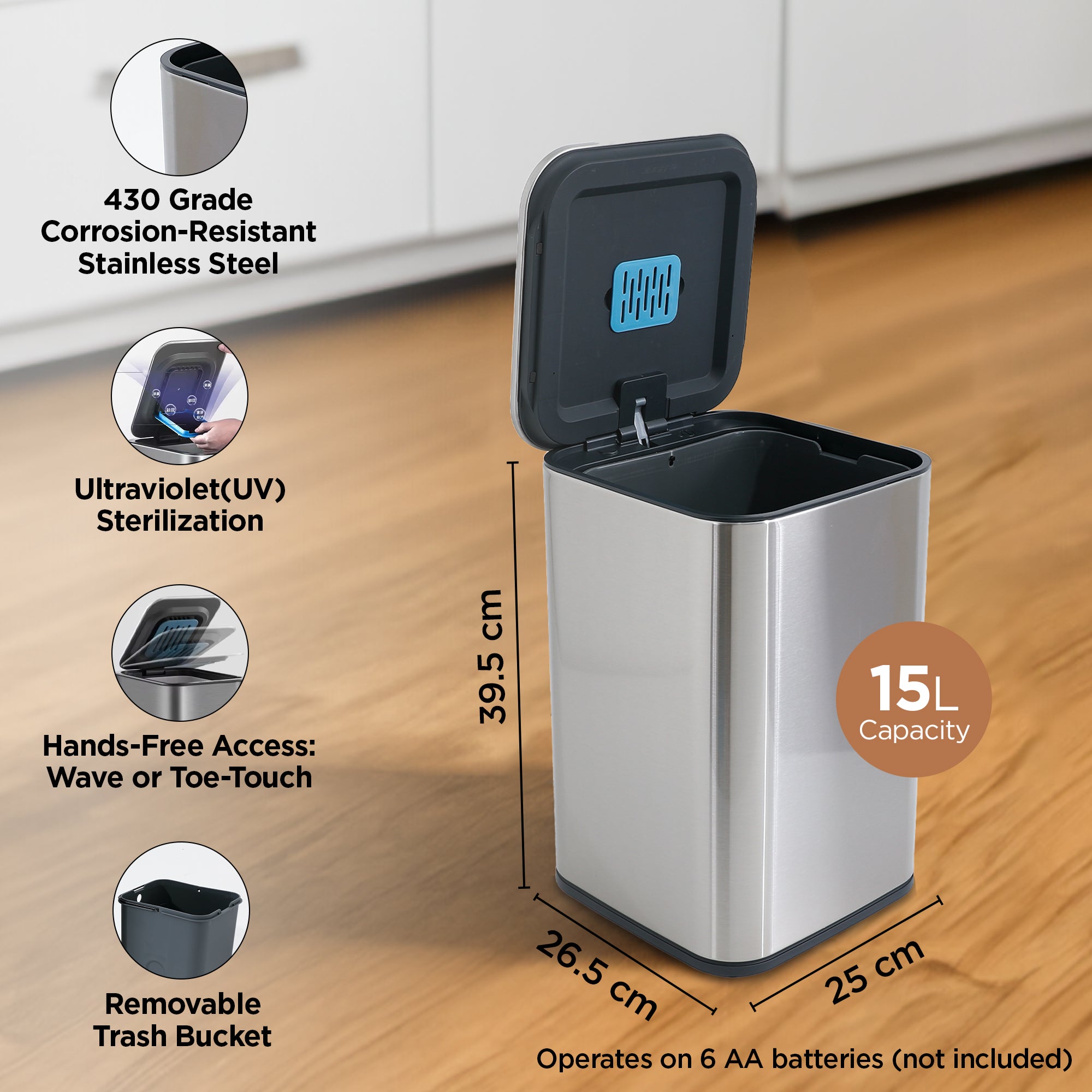 UMAI stainless steel dustbin - compact design for bedrooms