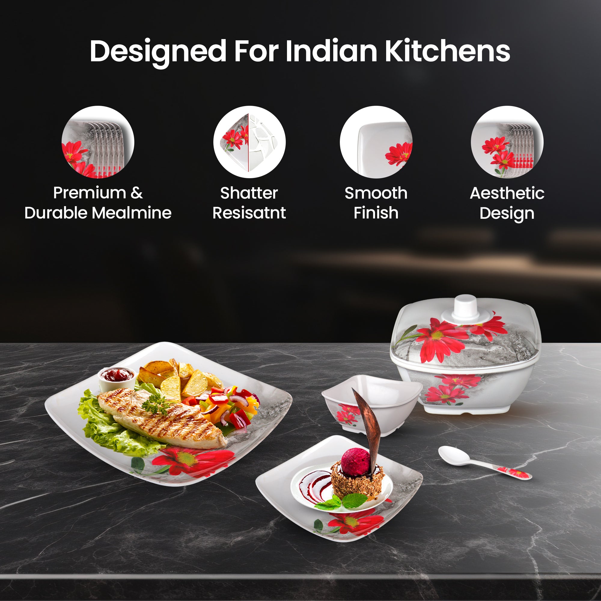 Thermador Melamine 40 Pcs Dinner Set Crockery Set |6 Dinner Plates, Small Plates, Serving Tray, Big Serving Bowls with Lid, 12 Small Bowls,