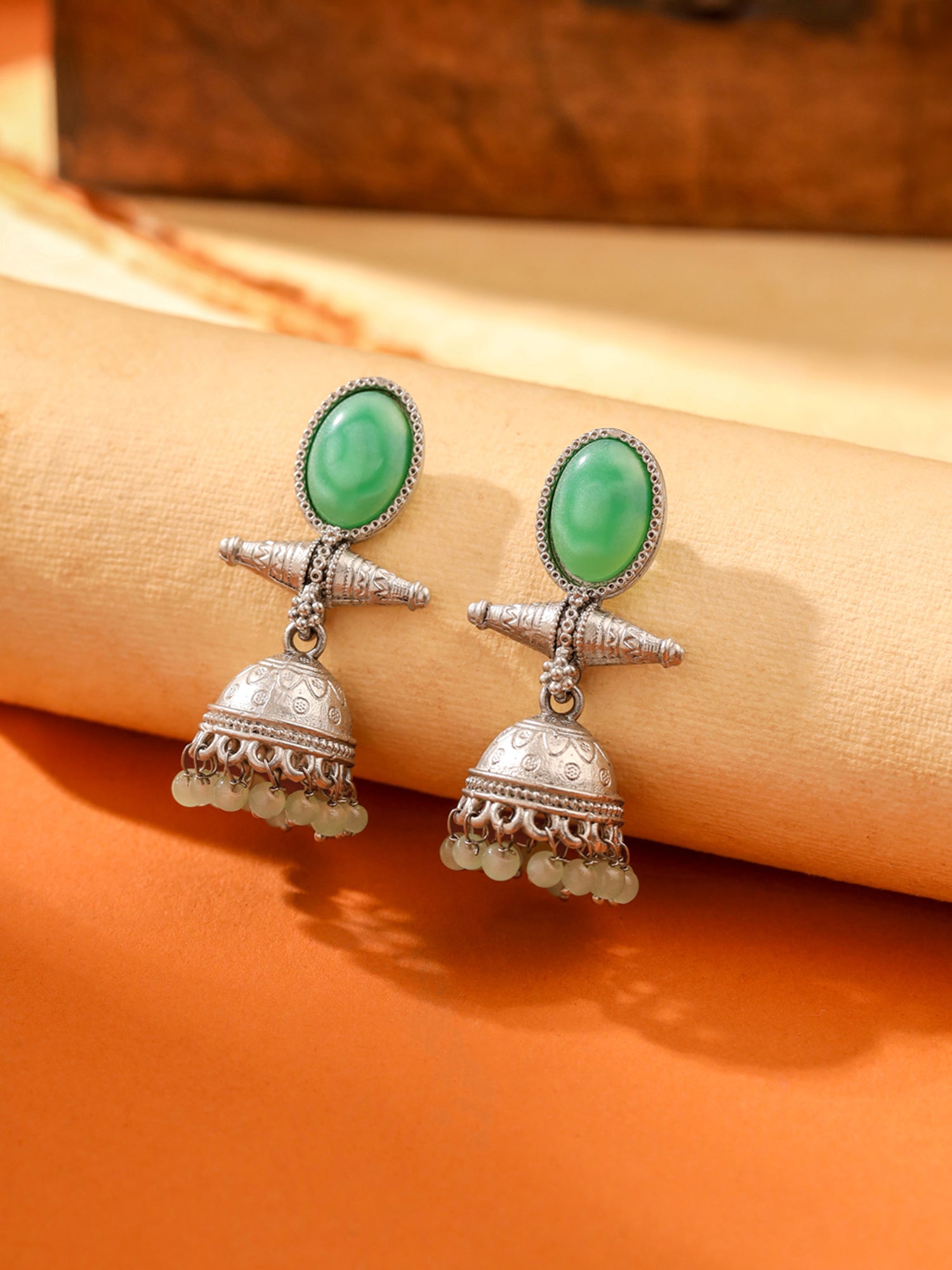 Yellow Chimes silver oxidised jhumka earrings - anniversary gift