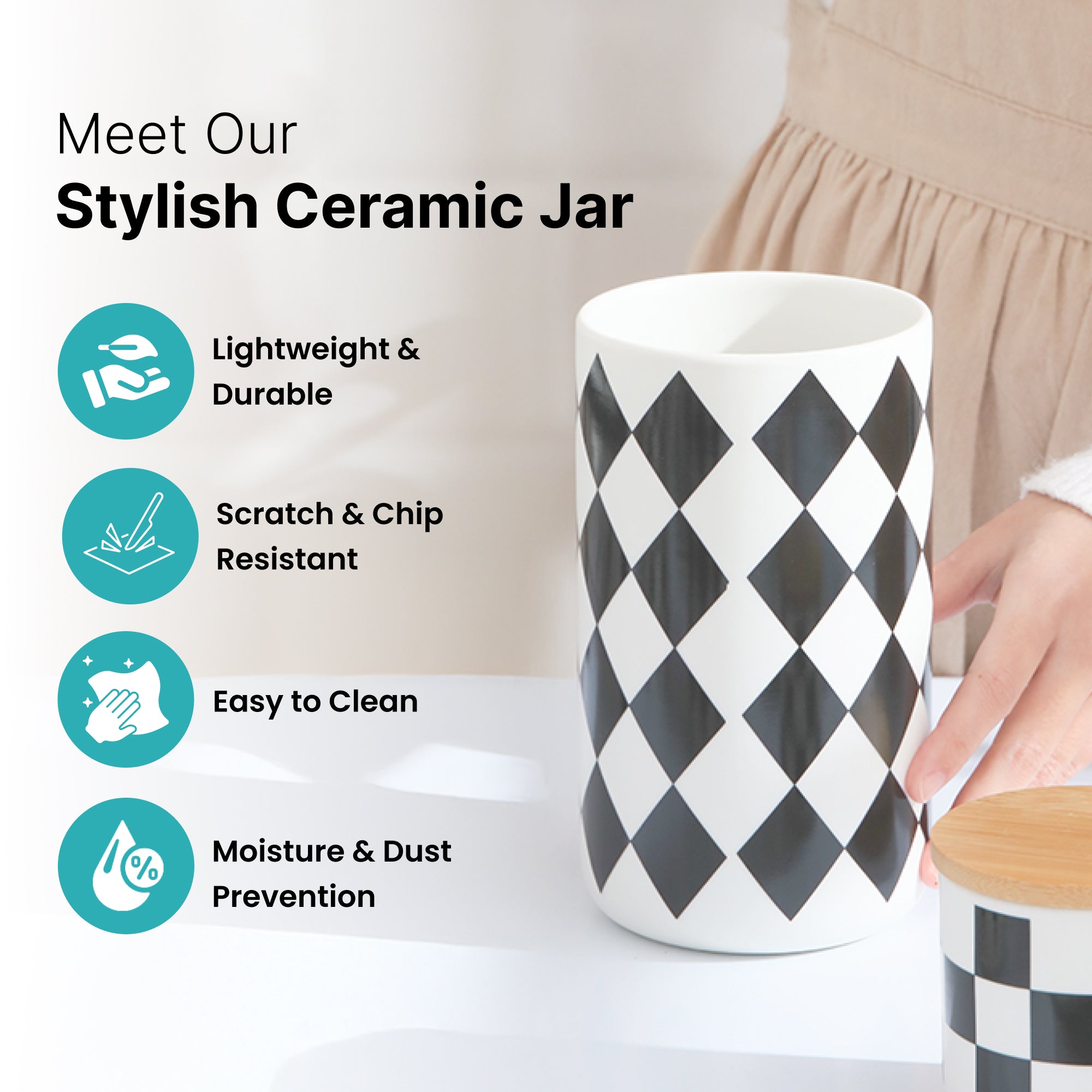 The Better Home ceramic jar - Elegant black-check finish