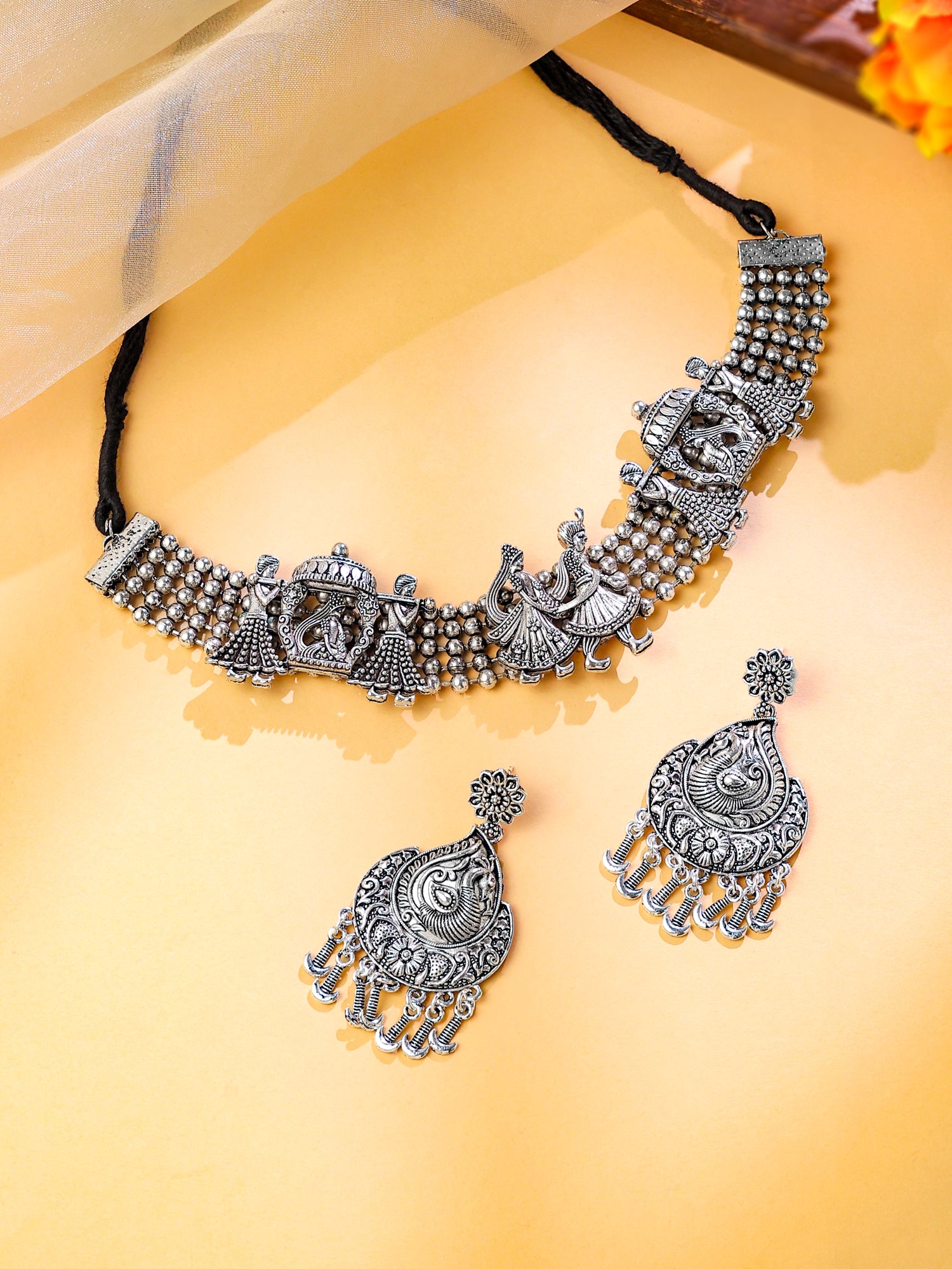 Yellow Chimes oxidised silver jewellery set - gift for her