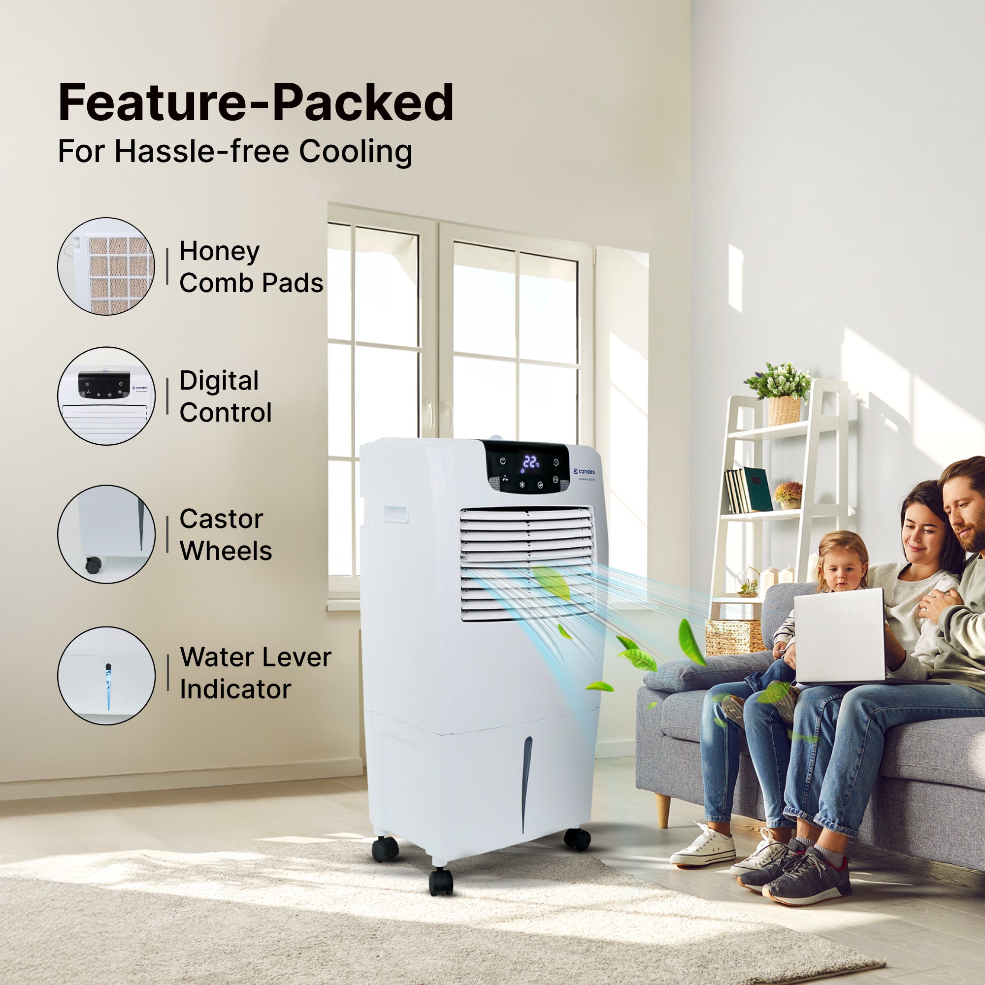 Candes Air Cooler Room Air Cooler with Sensor Touch Digital Control Panel Intelligent Remote Control 12H Timer Ice Tray Empty Tank Alarm
