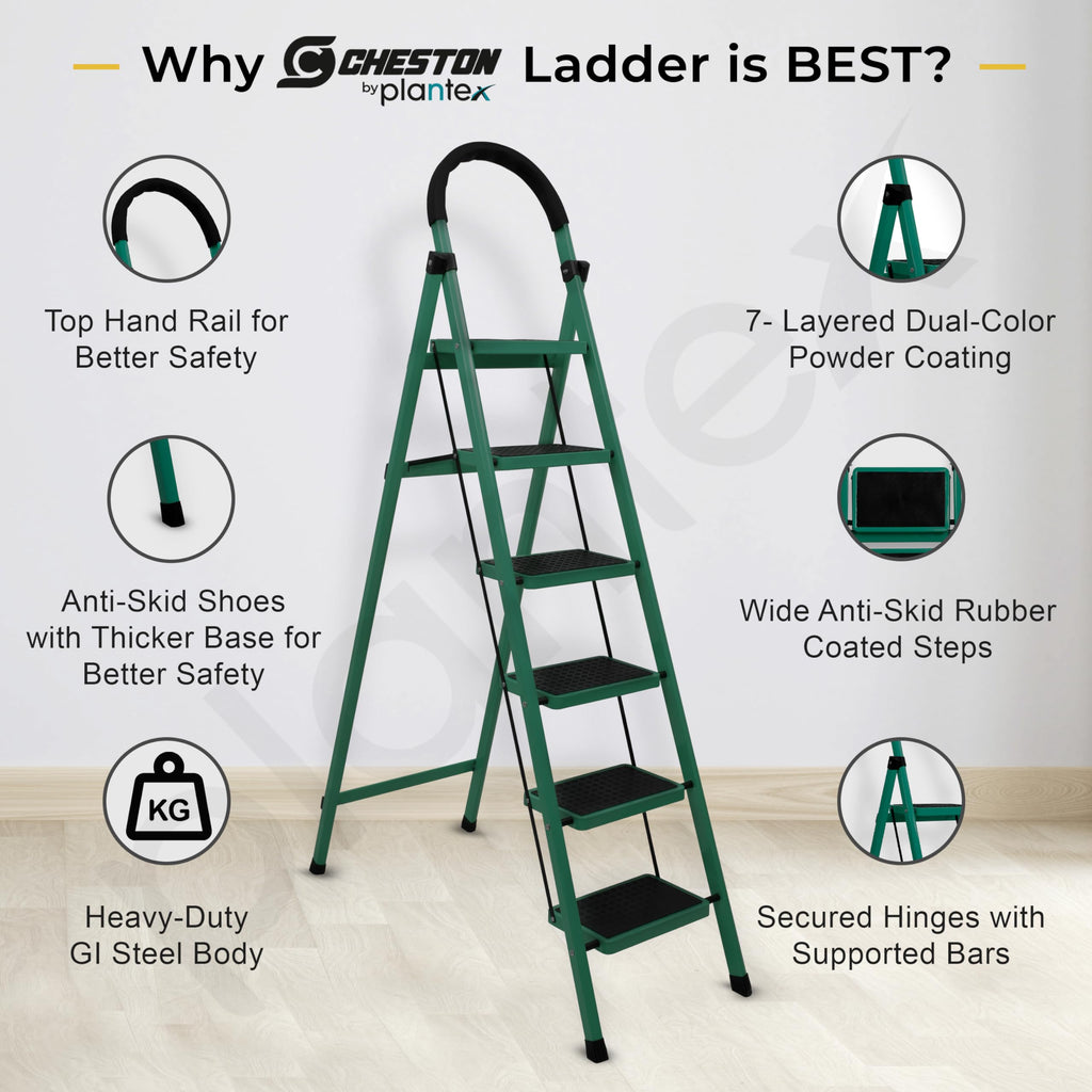 Cheston Foldable GI Steel 6-Steps Home Ladder | 6.3 Feet Anti-Skid Ste ...