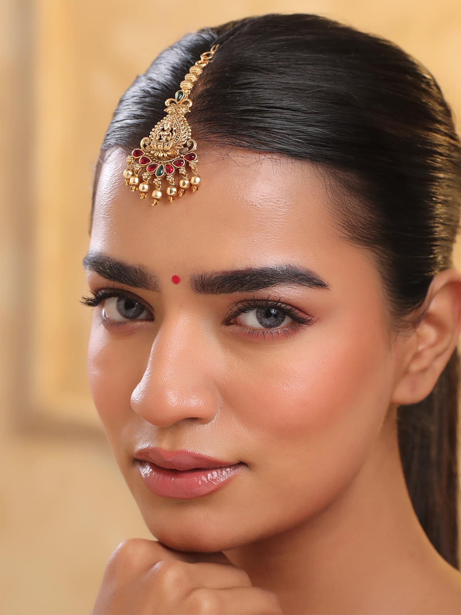 Yellow Chimes Maang Tikka - Gold-plated traditional jewellery