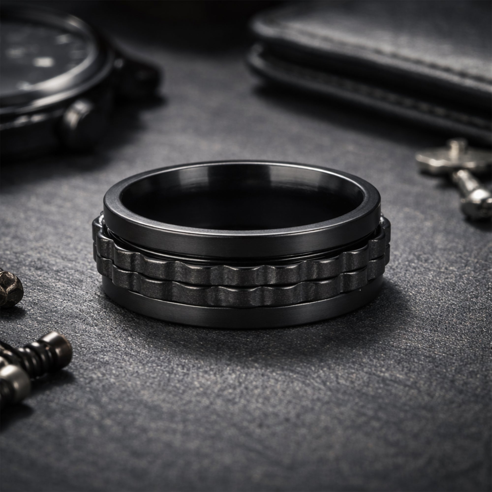 Yellow Chimes mens black spinner ring - stylish daily wear