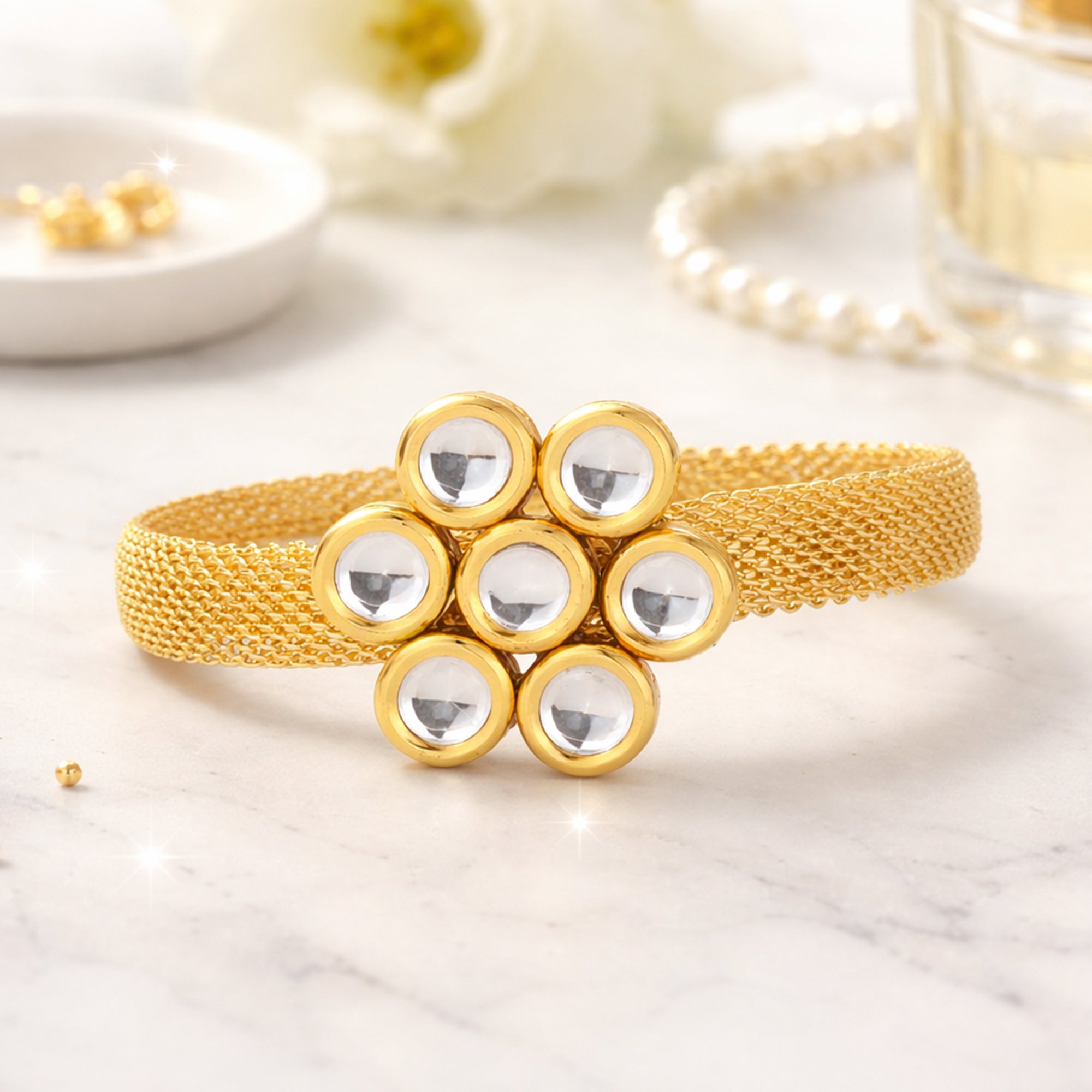 Yellow Chimes floral kundan bracelet - casual outing