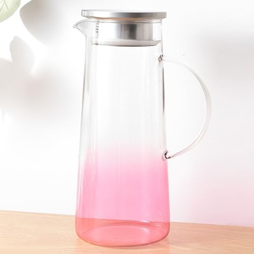 Homestic Premium 1.3 LTR Glass Jug with Stainless Steel Lid and Handle | Leakproof Pitcher for Water, Cold Brew, Tea, Iced Coffee, Lemonade | Heat Resistant | Housewarming Gift | Pink