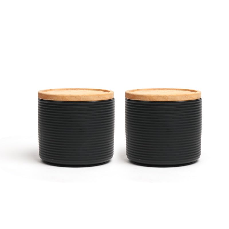 Anko 300ml Stoneware Ceramic Jars for Kitchen Storage | Airtight Container Set for Kitchen with Rubberwood Lid & Silicone Ring | Kitchen Container for Snacks, Tea, Sugar | Black | Set of 2