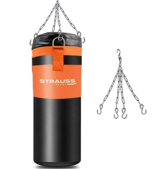 Strauss Canvas Heavy Duty Filled Gym Punching Bag|Hanging S Hook, Zippered Top Head Closure,Heavy Straps|Ideal for Boxing, MMA,Muay Thai|Boxing Bag for Home Gym & Fitness Training|4 Ft,(Black/Orange)