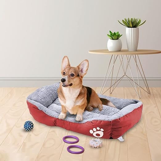 Petvit Dog & Cat Bed|Super Soft Plush Top Pet Bed|Oxford Cloth Polyester Filling|Machine Washable Dog Bed|Rectangular Cat Bed with Rise-Edge Pillow|QY036R-L|Red