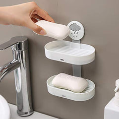 Kuber Industries Soap Holder | 2-Tier Bathroom Soap Tray | Soap Holder for Kitchen Sink | Wash Basin Soap Holder | Hanging Sink Organizer Plate | Self Adheshive Soap Holder | 9658WH | White