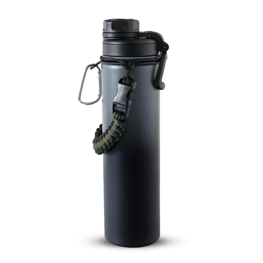 UMAI Insulated Water Bottle 720ml |Thermos Stainless Steel Water Bottle|Vacuum Insulated Flask with Rope & Carabiner|Hot & Cold Water Bottle for Travel & Adventure|Black-Grey