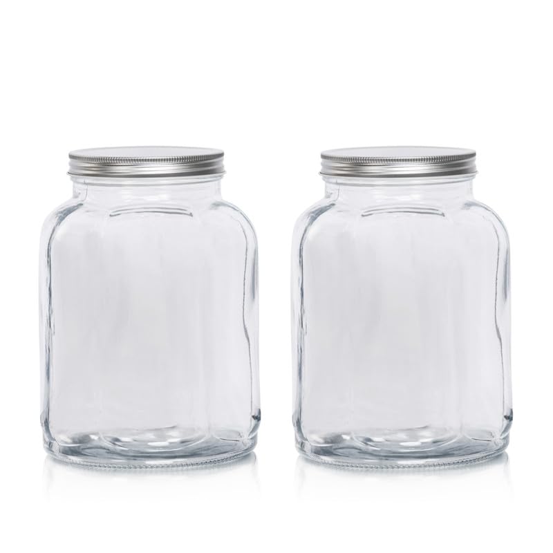 Anko 3 Litre Fluted Airtight Storage Glass Jar with Tin Lid-Set of 2|Multi-purpose Durable Pickle Storage Glass Storage Container With Tin Lid| Leakproof Cylindrical Glass Jar| Corrosion Resistant Lid