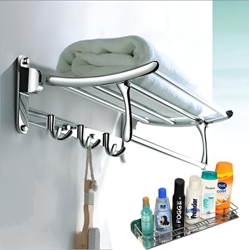 Planet Stainless Steel Folding Towel Rack with Bathroom Shelf/Perfume Rack/Bathroom Accessories - Chrome