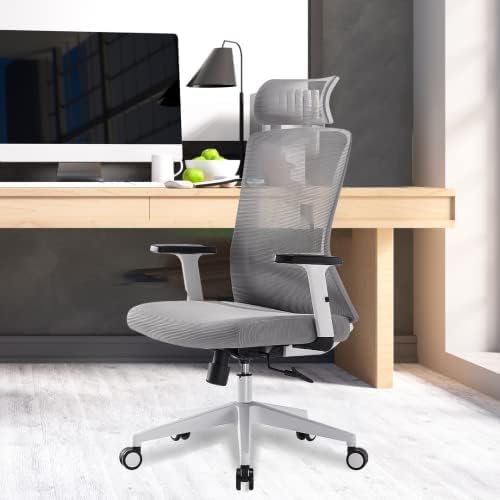 Kuber Industries Ergonomic Office Chairs for Work From Home | Comes with Manual Height Adjustable, Armrest, Headrest & 2D Lumbar Support | Comfy Study Chair for Students with Wheels | Grey | 1528A-GRY