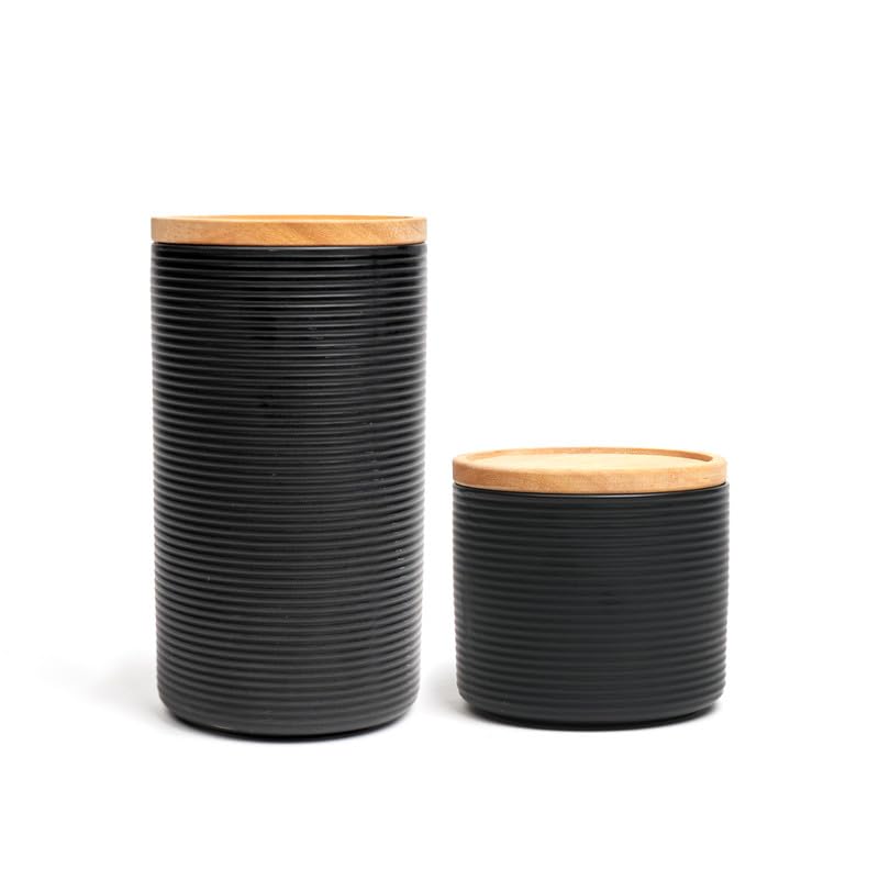 Anko 300ml & 1.7L Stoneware Ceramic Jars for Kitchen Storage | Airtight Container Set for Kitchen with Rubberwood Lid & Silicone Ring | Kitchen Container for Snacks, Tea, Sugar | Black | Set of 2