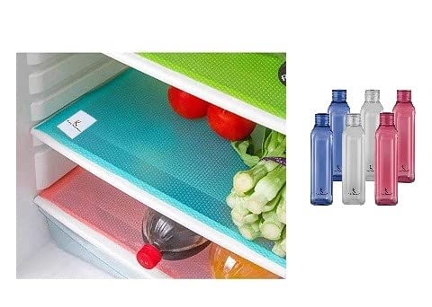 Kuber Industries Rectangular Plastic Refrigerator Mat(Multicolour)-Set of 6 Plastic Water Bottle 1L, Square-Set Of 6,Assorted