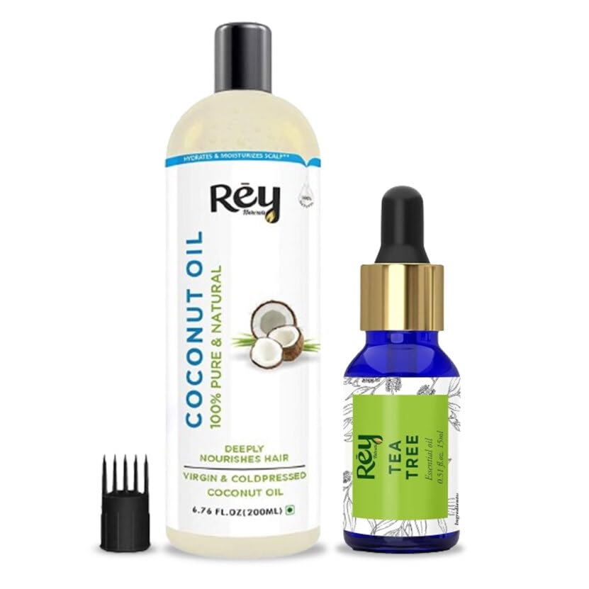 Rey Naturals Tea Tree Essential Oil & Virgin Cold Pressed Coconut Hair Oil | For Healthy Hair & Improved Scalp Condition | Dandruff, Acne, Mosquito repellent, Aromatherapy, Stress Relief Oil -200+15ML