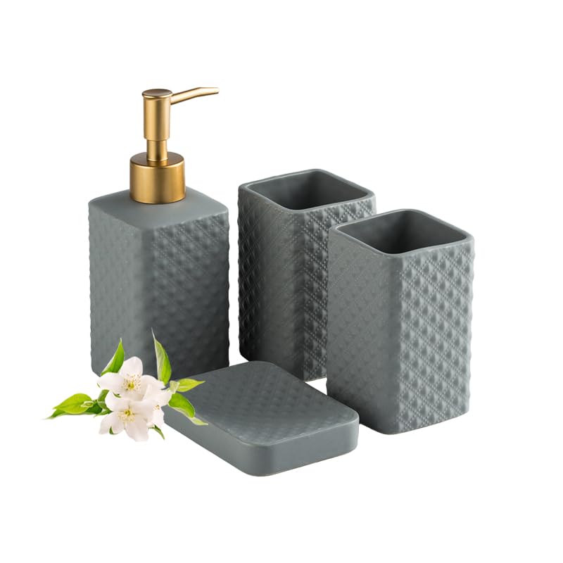 Ekhasa Ceramic Bathroom Accessories Set of 4 | includes Ceramic Liquid Handwash Soap Dispenser, Toothbrush Holder for Wash Basin, Soap Dish, Tumbler | Soap Dispenser Set for Bathroom | Gift for Home