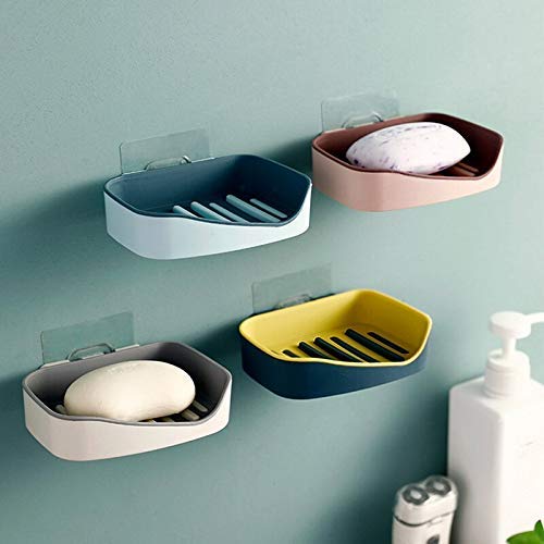 Kuber Industries Pack of 4 Soap Stand Holder | Soap Dish Holder for Bathroom Kitchen Sink Magic Stickers Wall Mounted | Plastic Double Desk Self Draining Soap Holder | Multicolor