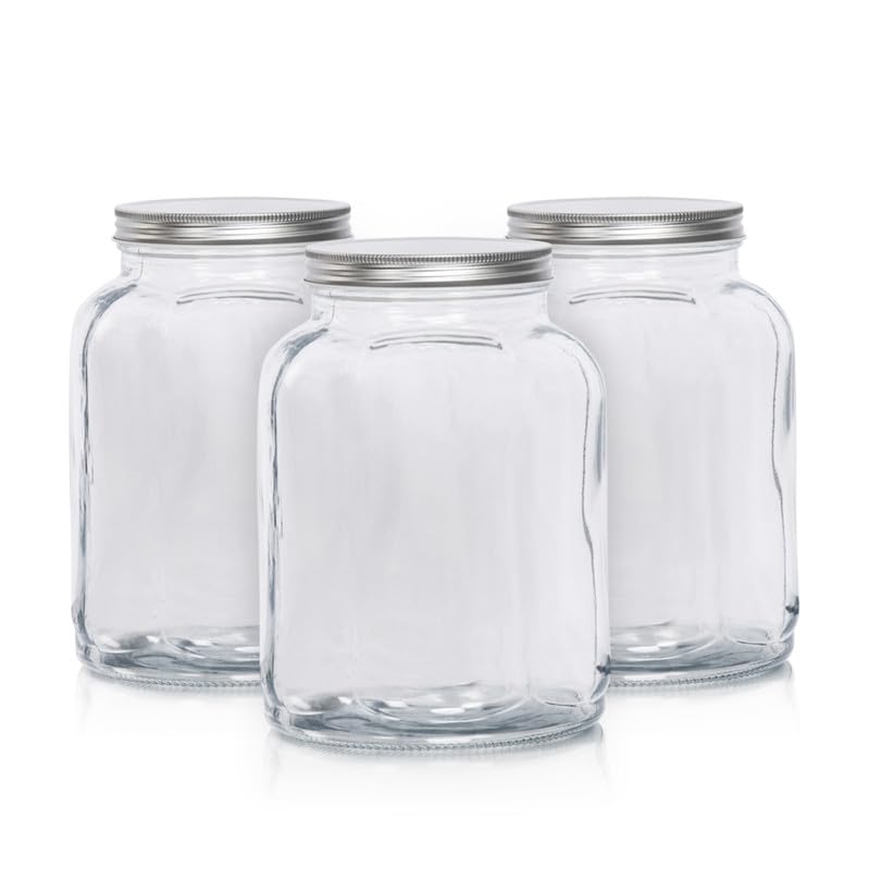 Anko 3L Clear Fluted Glass Jar for Kitchen Storage | Set of 3 | Airtight Container Set for Kitchen with Corrosion Resistant Tin Lid | Dishwasher Safe Kitchen Storage Container Set for Flour/Cereal