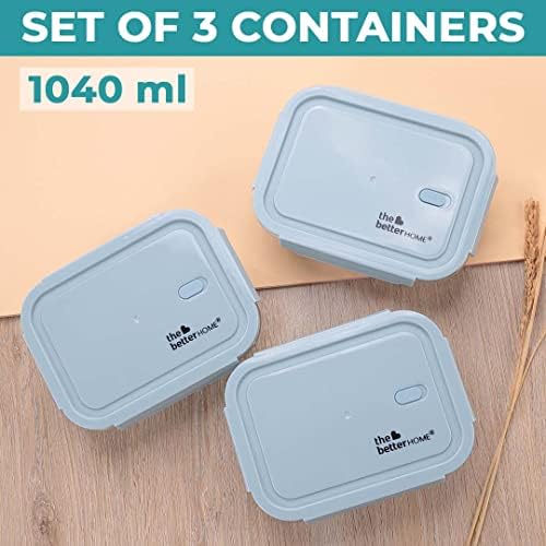 Gleevers X The Better Home Glass Airtight Container Set for Food Storage 1080Ml | Leak Proof | Air Tight Lunch Box for Office, Fridge & School (1040Ml - Pack of 3), Blue