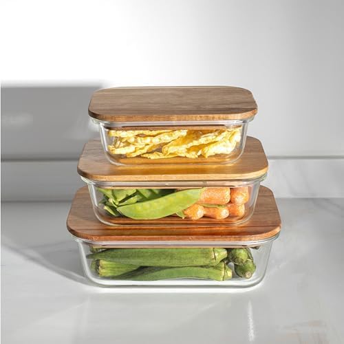 UMAI Borosilicate Glass Containers with Wooden Lid, 3 pcs Set, Borosilicate Glass, Rectangle Shape, Transparent, Microwave and Refrigerator Safe, 370ml, 640ml,1050ml