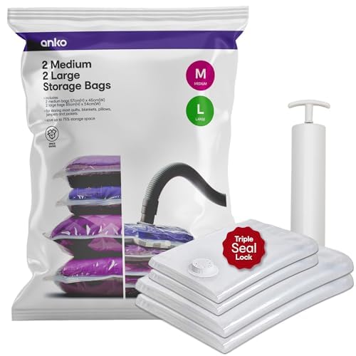 Anko Set of 4 Space Saver Vacuum Storage Bags | Thick Vacuum Storage Bags | Space Saver plastic Vacuum Storage Compression Reusable Ziplock Bags | Free Vacuum Pump, 2 Medium & 2 Large Bag