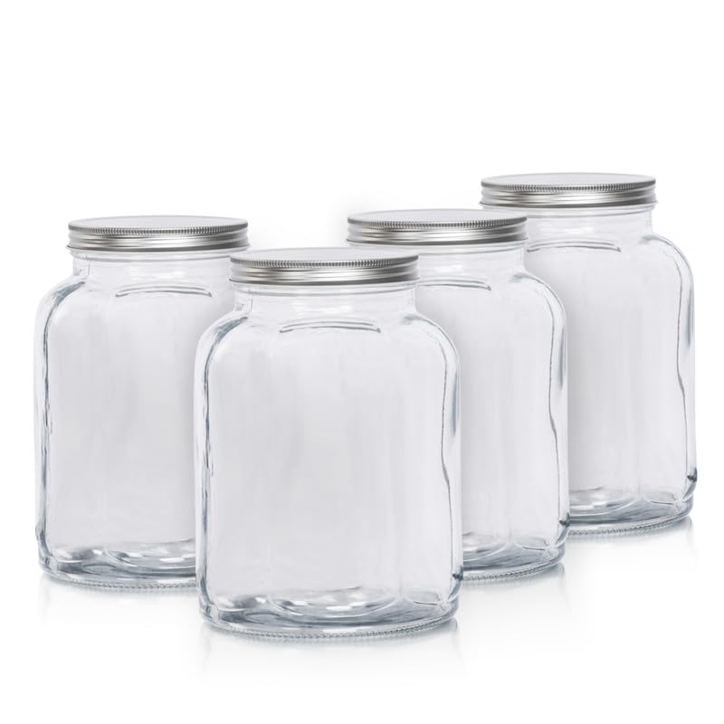 Anko 1L Clear Fluted Glass Jar for Kitchen Storage | Set of 4 | Airtight Container Set for Kitchen with Corrosion Resistant Tin Lid | Dishwasher Safe Kitchen Storage Container Set for Flour/Cereal