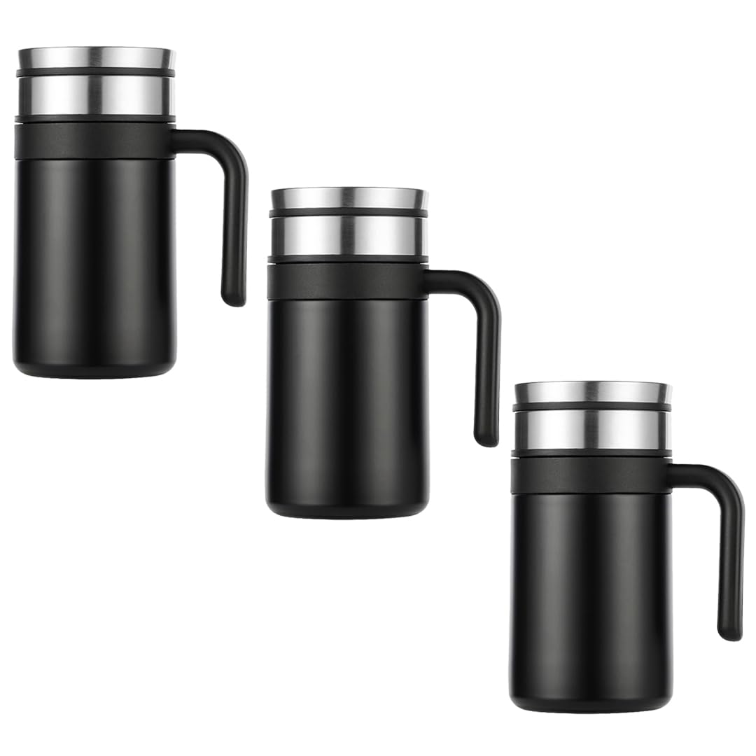 Kuber industries Stainless Steel Vacuum Insulated Travel Mug With Lid 420 ML-Pack of 2 (Black)