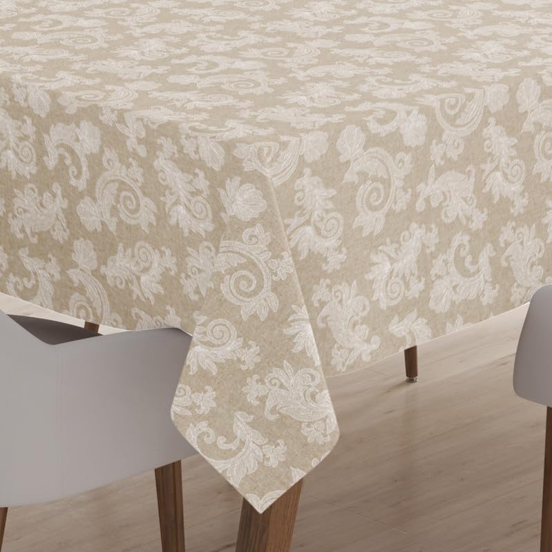 Encasa 4 to 6 Seater Dining Table Cloth 145x180 cm (57x72 in) I Floral Beige Jacquard Style Print on Chambray Homespun Cotton I for Family Gatherings, Parties I Washable