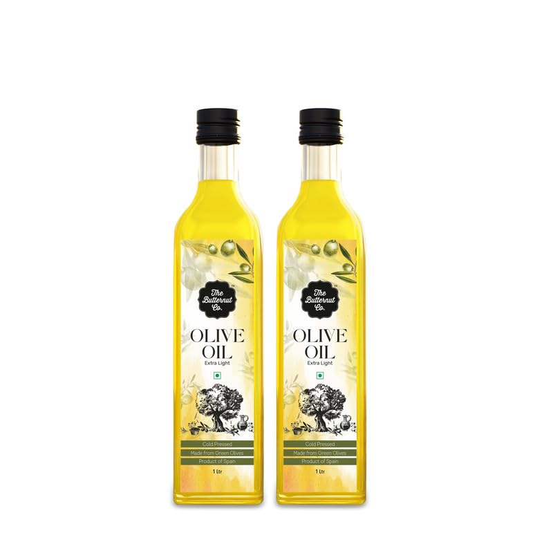 The Butternut Co. Cold Pressed Extra Light Olive Oil, Premium Cooking Oil, Perfect for Frying, Dressing, Garnishing & Drizzling on Salads, Good for Digestion and Heart, Daily Use, 1 Litre (Pack of 2)