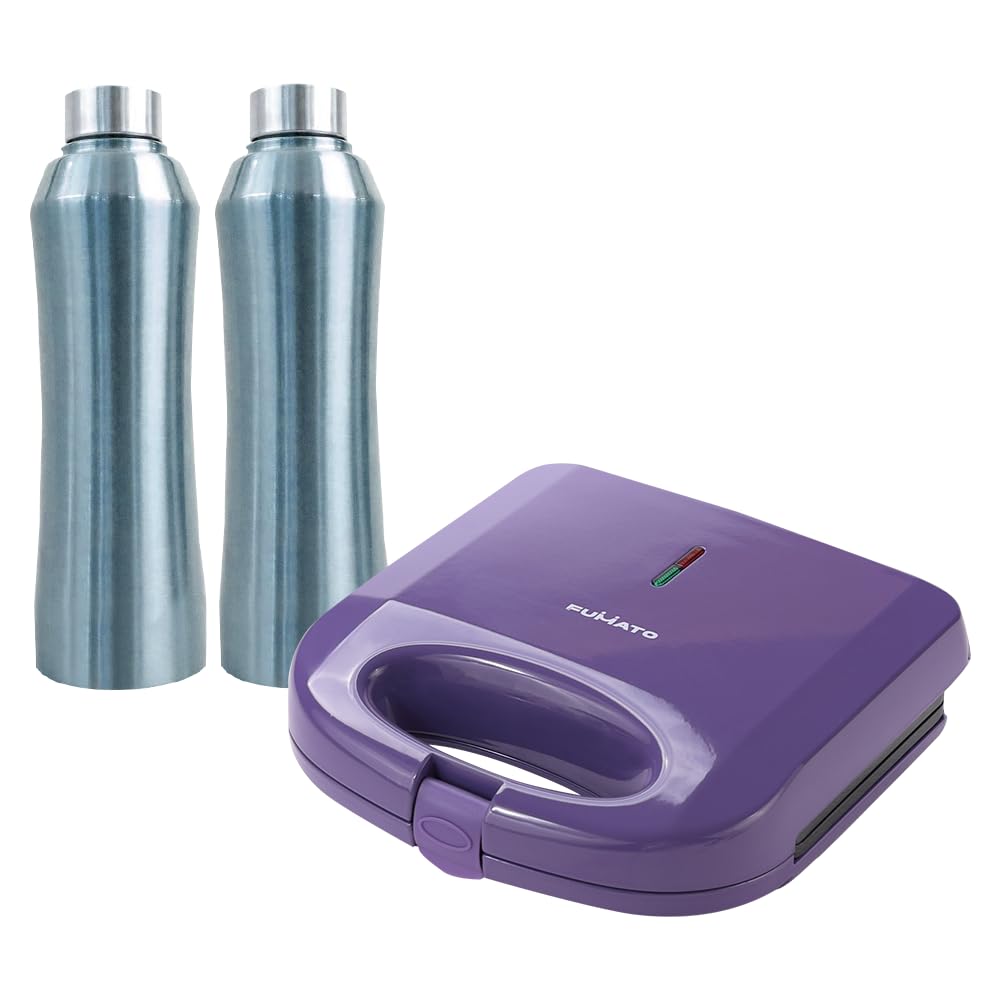 The Better Home FUMATO Presswich 750W Sandwich Maker, 2 Slice Grill, Purple & Stainless Steel Water Bottle 1 Litre Pack of 2 Blue