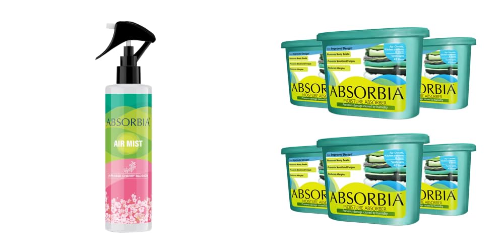 Absorbia Moisture Absorber Classic Box(300g Each)-Season Pack of 6 (Absorbs upto 600ml Each) and Room Freshener spray, Instantly Freshens the air with Japanese Cherry Blossom Fragrance…