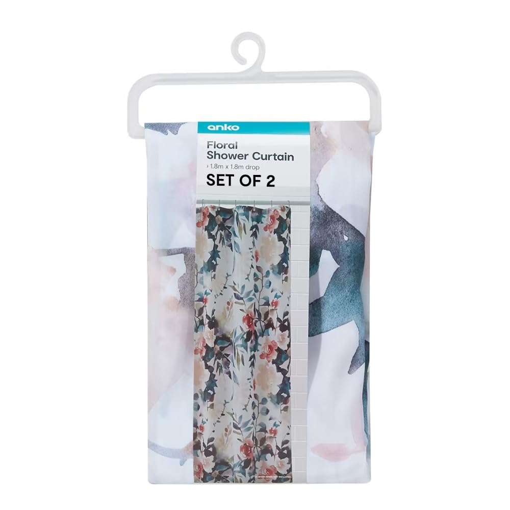 Anko Polyester Floral Print Curtain- Set of 2 with Metal Eyelets & Set of 24 Rings | Polyester Shower Curtain |Curtain: 180 Cm (L) x 180 Cm (W) (2 Pc), Rings: 7.5 Cm x 6.5 Cm x 4.5 Cm Each