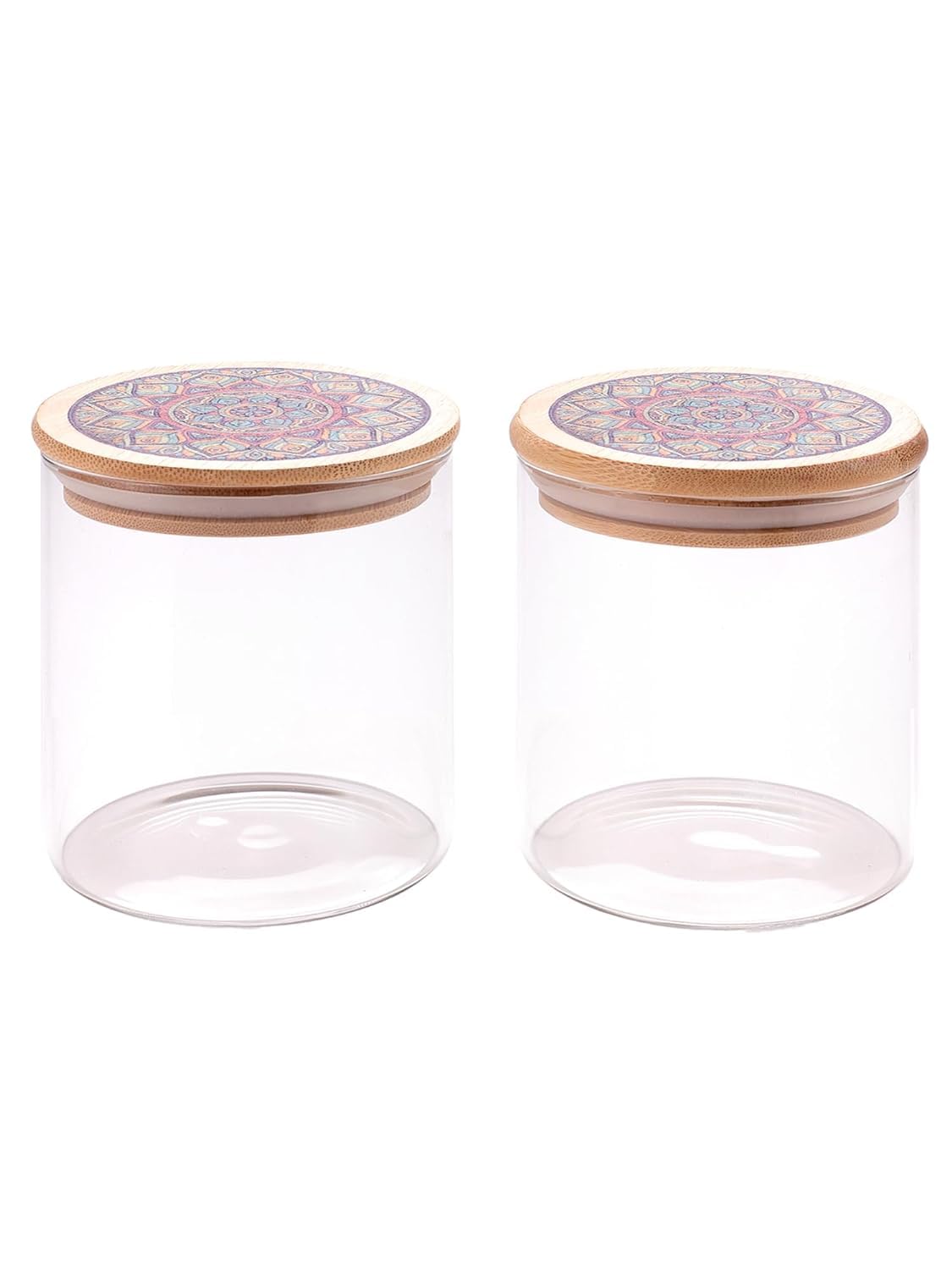 Homestic Borosilicate Glass Jar with Printed Bamboo Lid|Kitchen Organizer Items and Storage|Multi-utility, Leakproof, Airtight Storage Jar for Cookies,Snacks,Tea,Coffee,Sugar|Pack of 2(300ml)