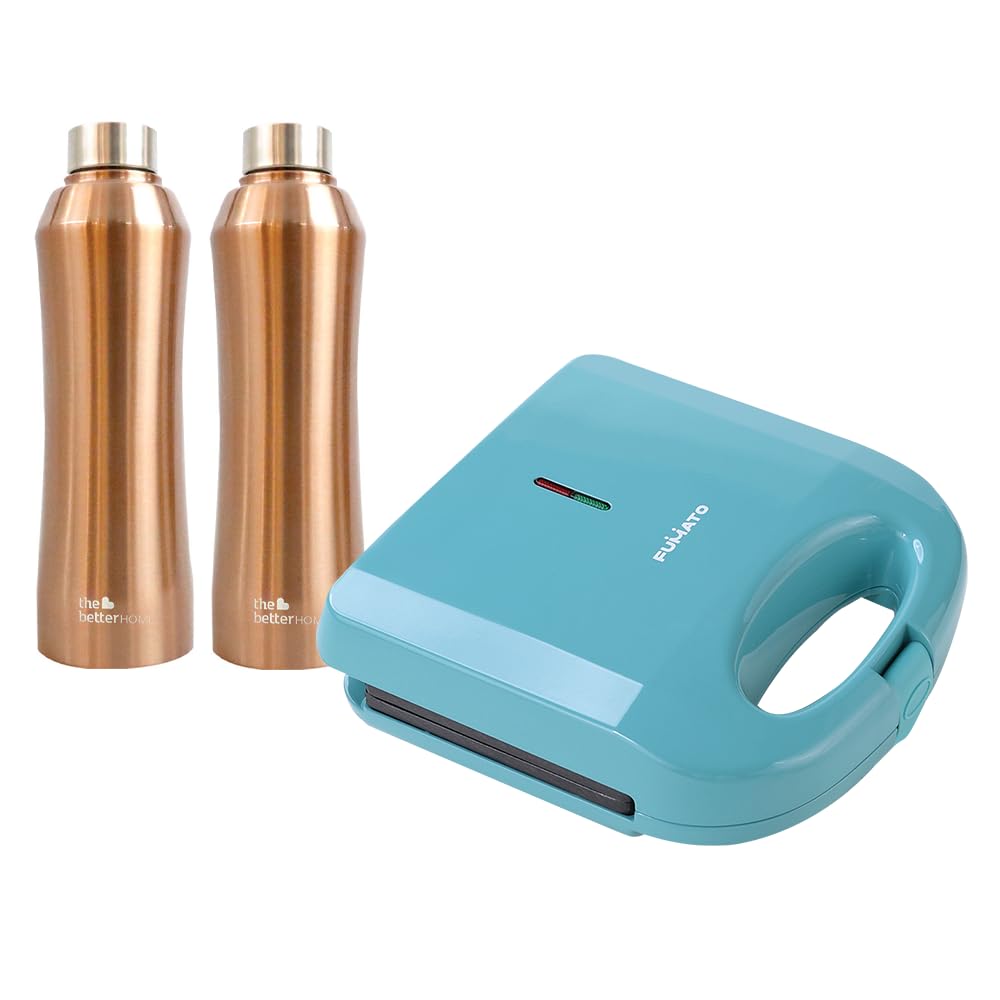 The Better Home FUMATO Presswich 750W Sandwich Maker, 2 Slice Grill, Blue & Stainless Steel Water Bottle 1 Litre Pack of 2 Gold