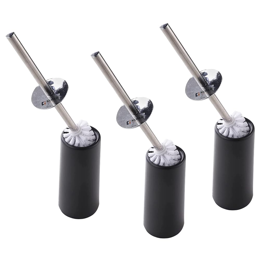 Kuber Industries Stainless Steel Toilet Brush with Holder|480|Pack Of 3|Black