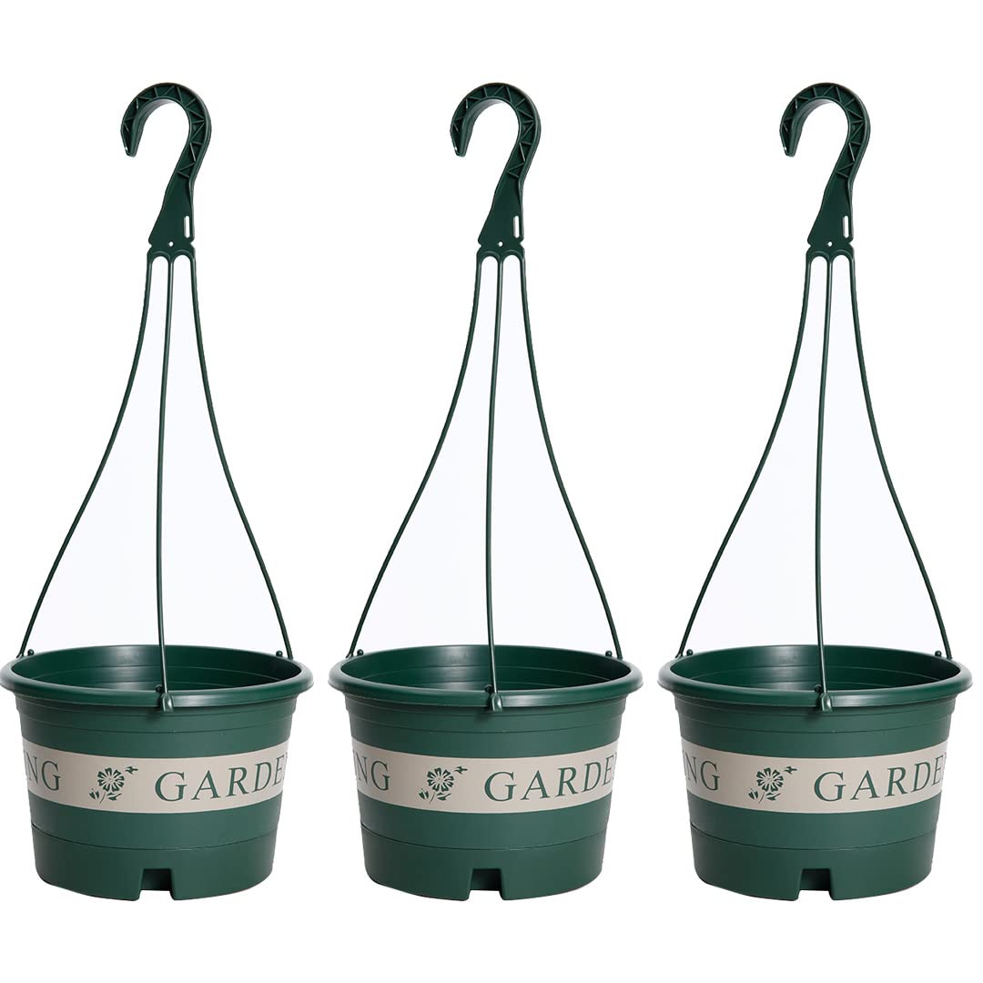 Kuber Industries Plastic Flower Pot|Indoor & Outdoor Hanging Planter|Durable & Lightweight|Water Drainage Holes|Hanging Pots for Plants Balcony Railing|Office Decor|Large|DP-2414|Set of 3|Green