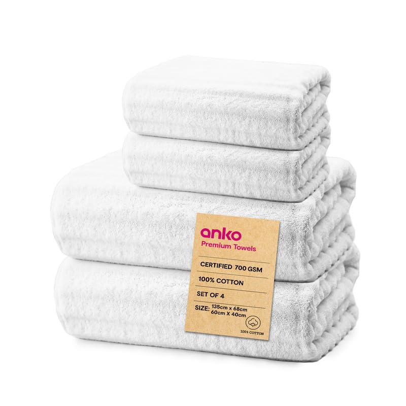 Anko Australia 100% Cotton 700 GSM Ribbed Towel Set | 2 Bath Towels, 2 Hand Towels | Super-Soft, Absorbent, Quick-Drying | White Cotton Towels for Bath, Travel & Gym | 135x68cm & 60x40cm