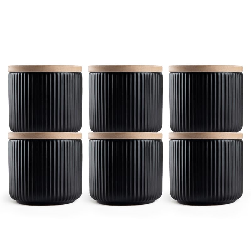 Anko 400mL Ribbed Kitchen Canister Container - Pack of 6|Airtight Reusable Storage Box with Rubberwood Lid for Coffee, Sugar, Tea, Spices|Scratch Resistant Multipurpose Organizer Jar, Black