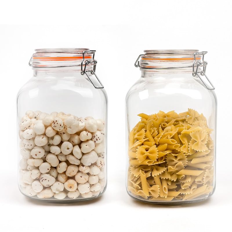 Anko Airtight 2 Litre Premium Rounded Glass Jar/Container With Wide Mouth Having Lid With Clip Fasteners-Pack of 2 |Bpa-Free Container Glass Jar With Leak-Proof Lid For Storing Cereal|Food Storage Jar