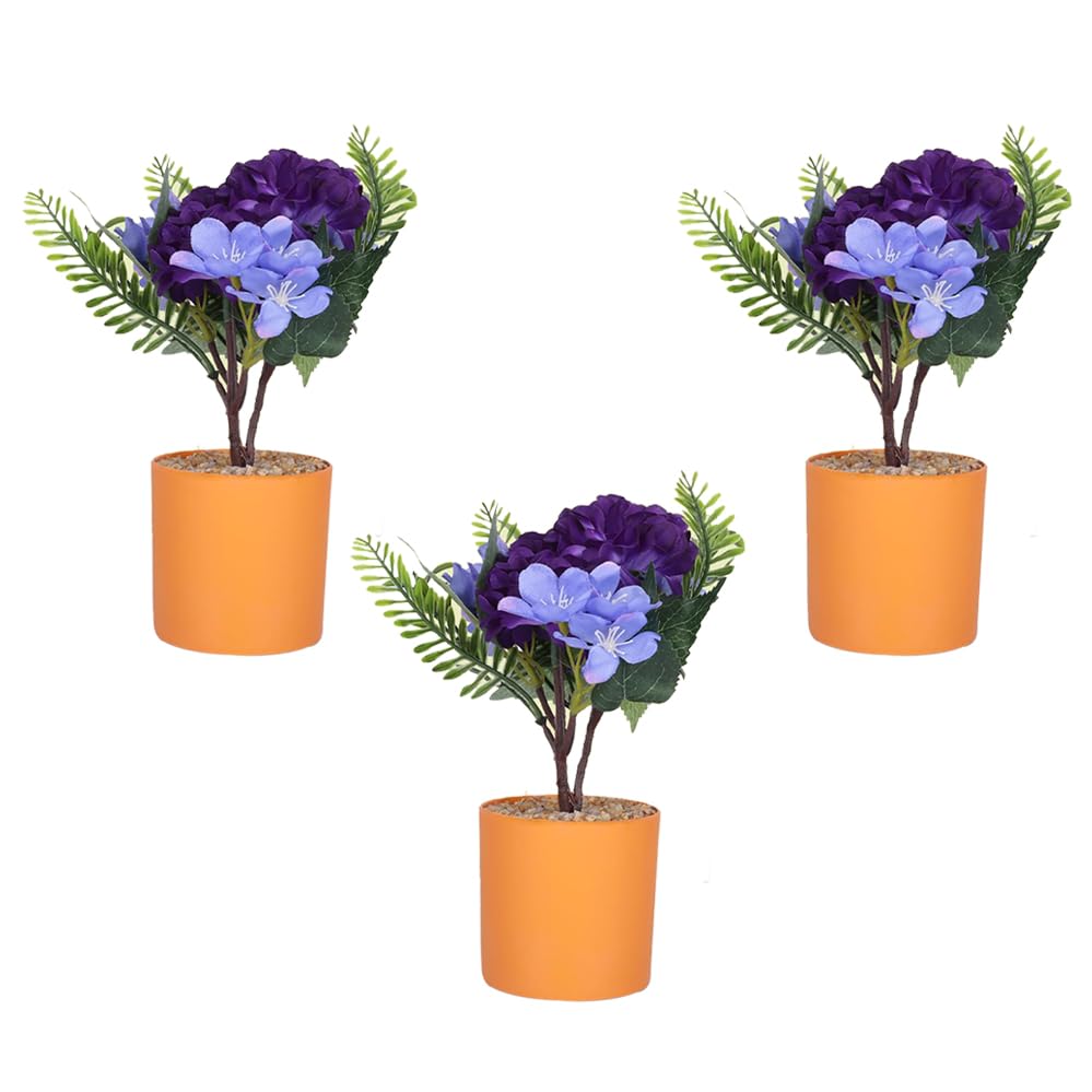 Kuber Industries Artificial Plants for Home D�cor|Natural Looking Indoor Fake Plants with Pot|Artificial Flowers for Decoration-Pack of 3 (Purple)